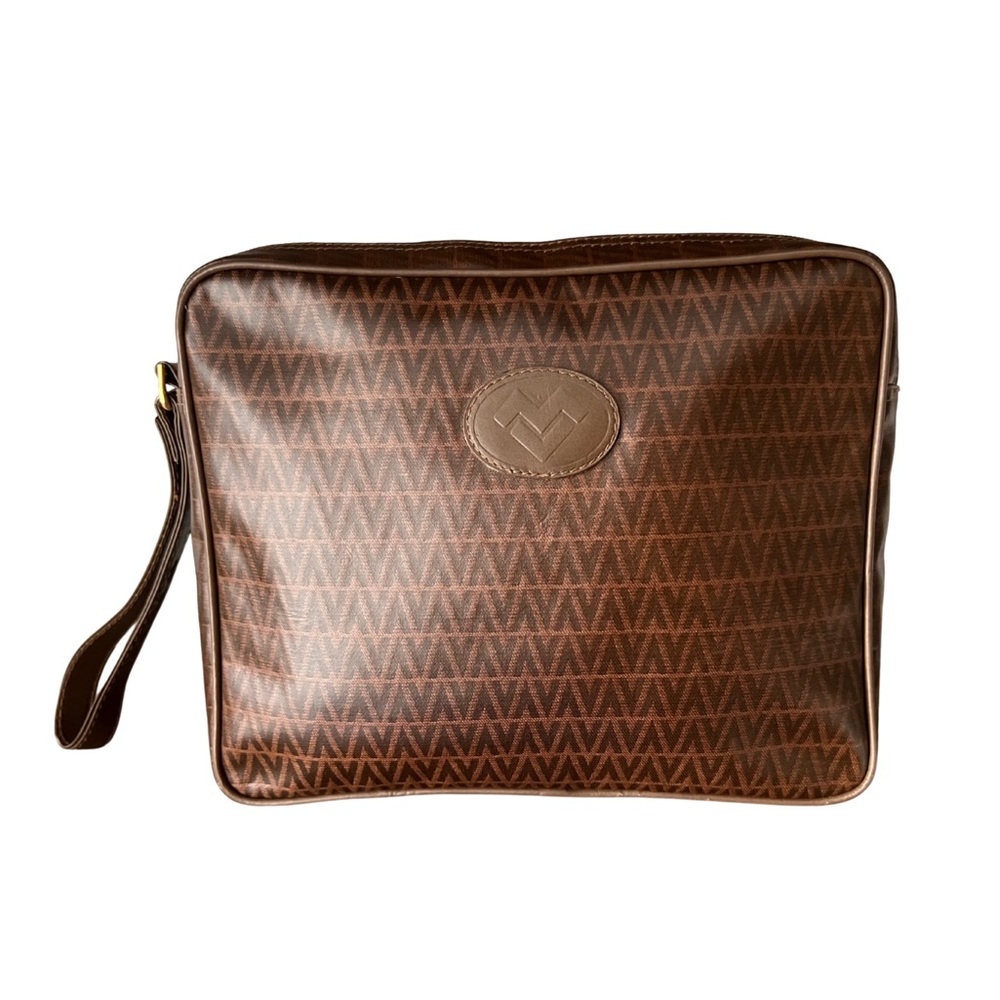 Valentino Monogram Brown Leather Wristlet Clutch Pouch